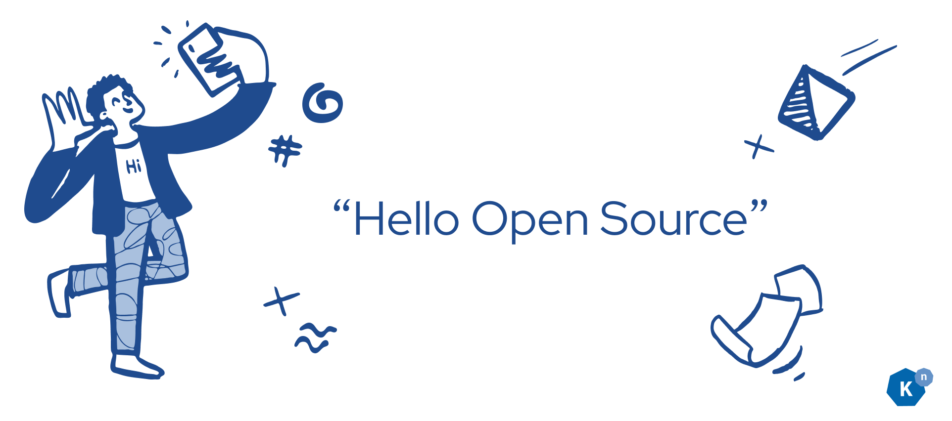 A person waving hello, with the words "Hello Open Source"